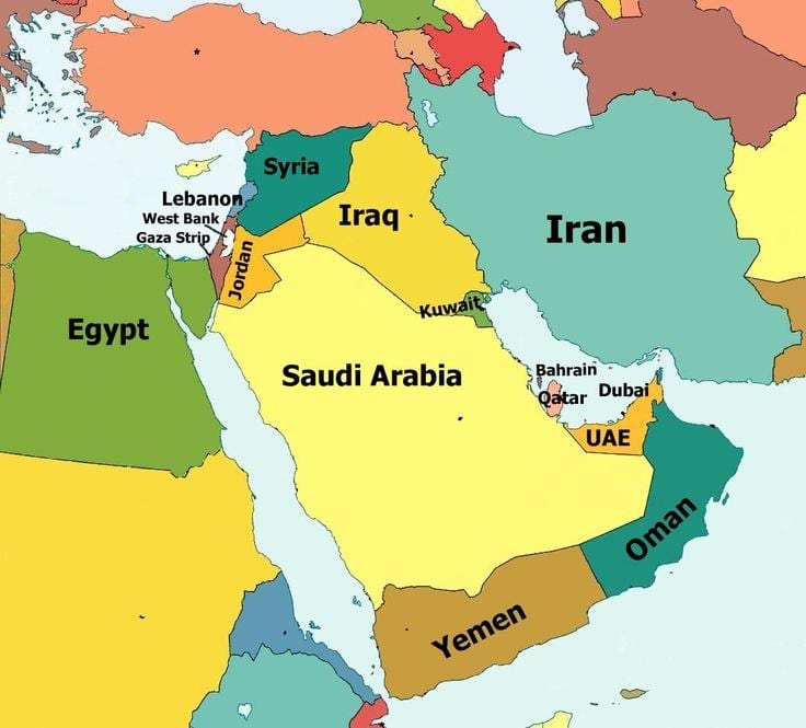 kaart van Bahrain en die omliggende gebied