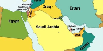 Kaart van Bahrain en die omliggende gebied
